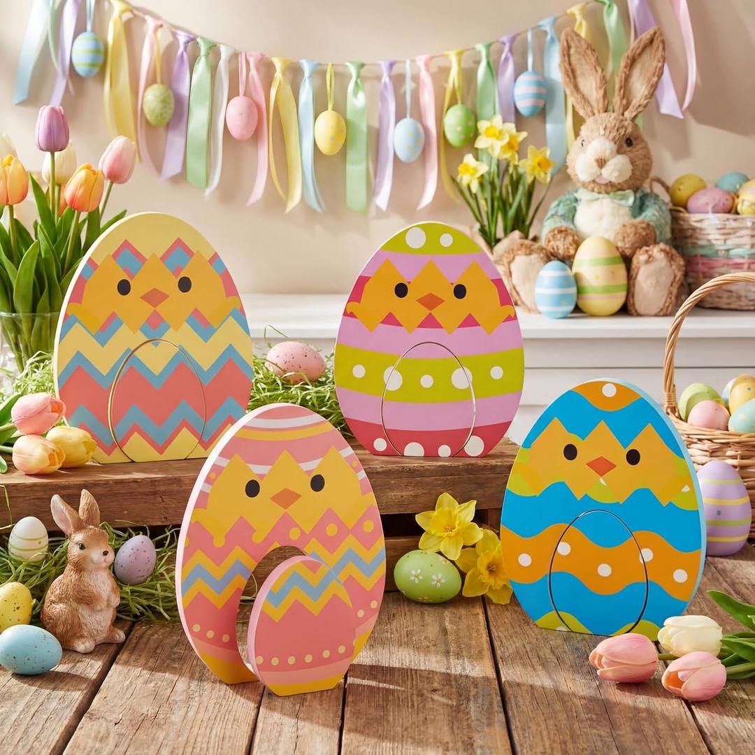 Yousoontic 8 Pcs Easter Egg Table Decor Wooden Nesting Chick Egg Signs Farmhouse Easter Tiered Tray Decor Colorful Polka Dot Stripe Eggs Tabletop Centerpiece Spring Decorations for Home Office Shelf