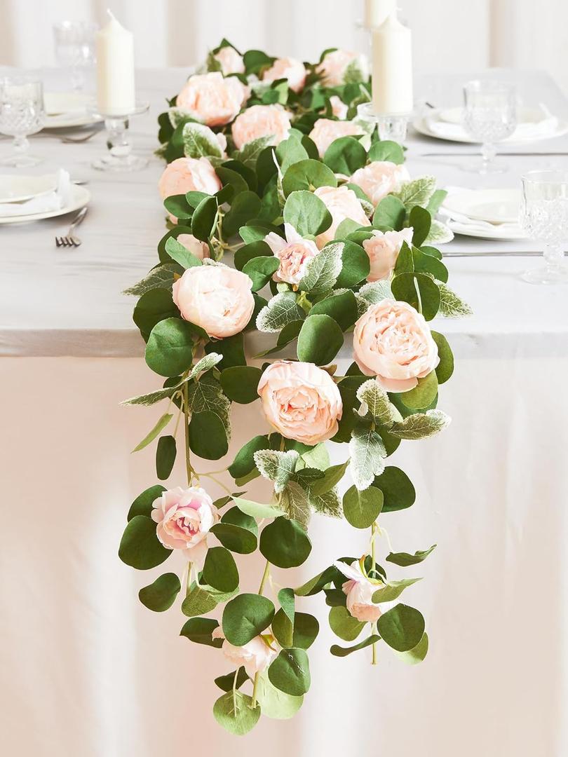 MISSPIN 2pcs Artificial Flowers Garland Spring Eucalyptus Garland Vintage Fake Flower Peony Rose Vine Greenery Decorative Wall Hanging Plant for Wedding Arch Door Arrangement Party Decor (Pink,2)