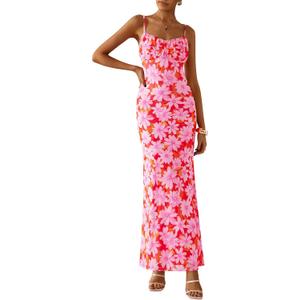 PRETTYGARDEN Women's Floral Bodycon Maxi Dress Summer Beach Sundress Sleeveless Spaghetti Strap Wedding Guest Dress (Pink, S)