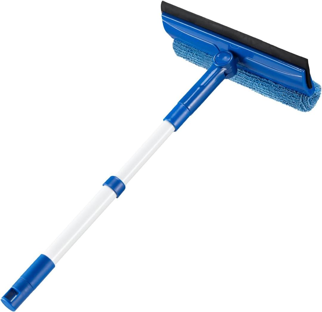 2 in 1 Squeegee Window & Microfiber Cloth Head with 14-18" Long Handle,Sponge Car Window Squeegee for Gas Station, Glass,Shower,Outdoor High Window Cleaning