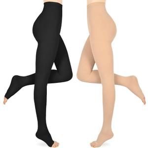 Compression Pantyhose for Women & Men, 2 Pairs 15-20mmHg Medical Graduated Compression Stockings Leggings (X-Large, Open Toe/Black*beige/2 Pair)