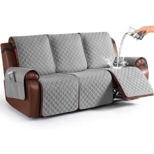 KinCam 100% Waterproof Recliner Sofa Covers, Non-Slip Reclining Couch Covers for 3 Seat, Recliner Couch Cover Furniture Protector with Elastic Straps for Pets, Kids, Light Gray