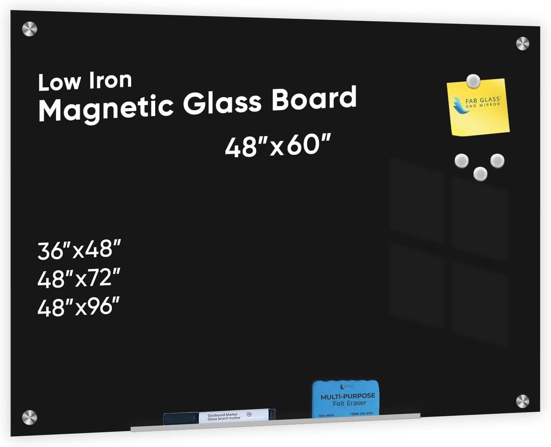 Black Surface Dry Erase Glass Board, Frameless Magnetic Glass Board for Wall 48"x60" with Marker, Magnets, Marker Tray, Eraser for Office & Home by Fab Glass and Mirror MB48x60-SB630