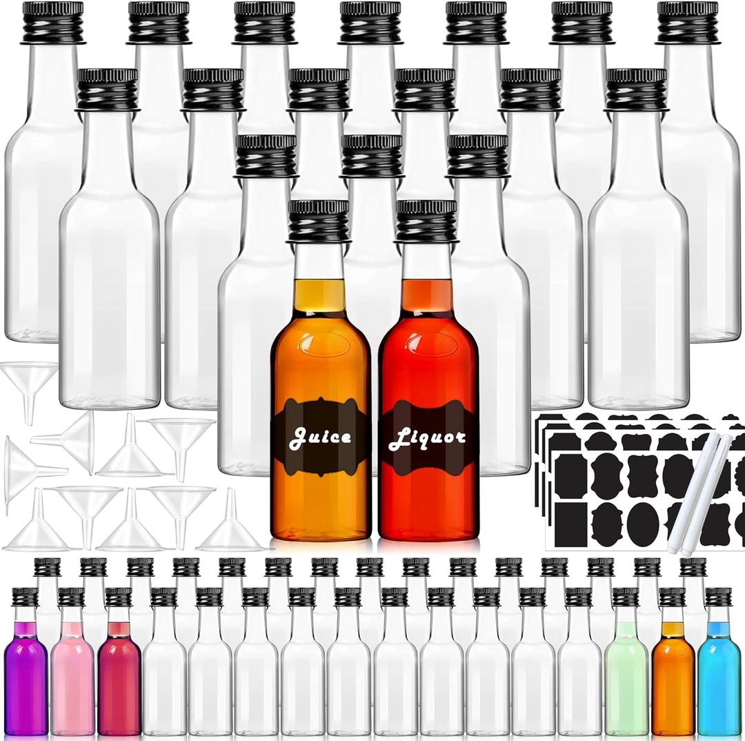 50 Pack 2 oz Mini Liquor Bottles with Labels, Plastic Alcohol Bottles, Airtight Shot Bottles, Little Spirit Bottle with Funnels Black Caps, Hot Sauce Bottle for Cocktail, Party Favors, Weddings
