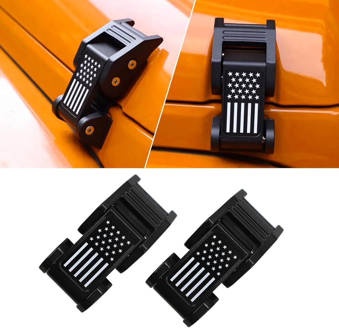 Aluminum Hood Latch - Adjustable Hood Lock Kit with American Flag Pattern - Compatible with Jeep Wrangler JK/JKU (2007-2018) & JL/JLU Gladiator JT (2018-2023) (Black)