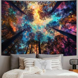 Amhokhui Colorful Forest Tapestry Nature Landscape Tapestry Mysterious Sky Tapestries Psychedelic Aesthetic Starry Night Tapestries Trippy Galaxy Space Wall Hanging Decor for Home 59.1"L x 51.2"W, Colorful Forest