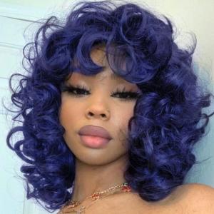 Short Loose Curly Wigs with Bangs for Black Women Blueberry Color Heat Resistant Fluffy Big Curly Afro Wig 250g (14 Inch, Dark BLUE)