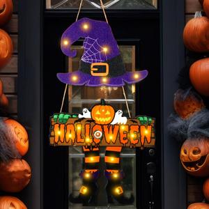 Led Halloween Witch Door Sign Light Up Halloween Door Hanger Wooden Halloween Wreath Decorations with Witch Hat and Legs for Front Door Wall Porch Decor(Purple, Witch Style)