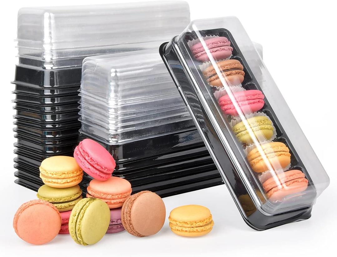 Macaron Boxes with Clear Lids,50-Pack Macaroons Container Gift Packaging Box with 6 Grid,7.6'' x 2.8'' x 1.9'' Plastic Cake Trays for Chocolate,Desserts Mini Cupcakes,Cookies or Muffins