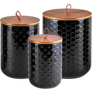 JOJUNO Black Ceramic Canister Set with Wooden Lids 3-Piece Airtight Food Storage Jars for Kitchen, Embossed Design, Small/Medium/Large Sizes (30/48/82 oz) Flour, Sugar, Coffee, Tea Containers