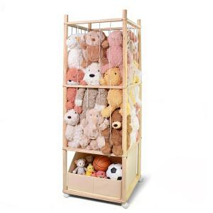 BENCHRY Stuffed Animal Storage with Tiny Toys Tray, Wood Stuffed Animal Zoo Storage with Brake Wheels, Space-Saving Plushie Playhouse for Nursery, Playroom, Kids Bedroom- Easy Assembly (50" x 17" x 17")