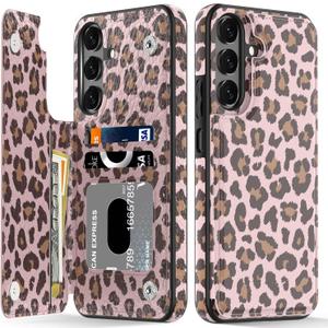 LETO for Samsung Galaxy A15 5G Wallet Case - Flip Folio Leather Kickstand - Credit Card Holder - Fashionable Flower Designs - Protective Phone Cover for Women and Girls - 6.5" - Pink Leopard
