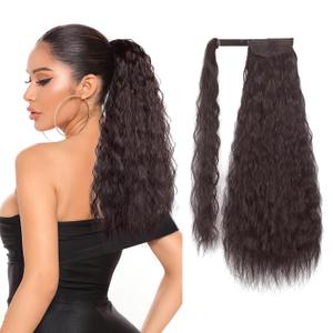 Long Corn Wave Ponytail Extension Magic Paste Heat Resistant Wavy Synthetic Wrap Around Ponytail or Women Black Hairpiece for Daily Party Use(18 Inch,Black Mixed Auburn Red)