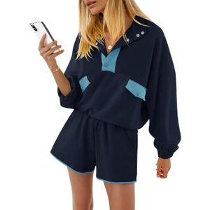 Fisoew Womens 2 Piece Sets Sweatsuits Casual Half Button Color Block Sweatshirts Running Shorts Tracksuits Fall Outfits (M)