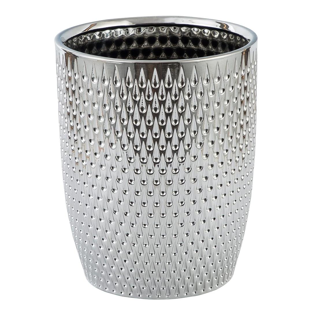Modern Round Silver Small Trash Can Wastebasket, Garbage Container Bin for Bathrooms, Powder Rooms, Kitchens, Home Offices - Durable Ceramics - Round