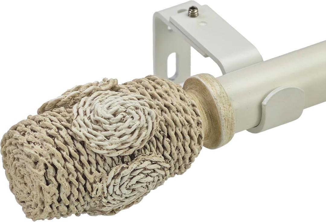 White Farmhouse Curtain Rod 72 to 144": Adjustable Heavy Duty Curtain Rod for Windows 68 to 140", Boho Decorative Window Treatment Rod with Woven Rope Finials