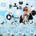 Blue Halloween Birthday Decorations,198pcs Ghost Party Decorations Tableware Happy Boo Day Plates Napkins Cups Tablecloth Banner Swirls, Topper, Balloon for boy Halloween Party Decorations, Serve 24