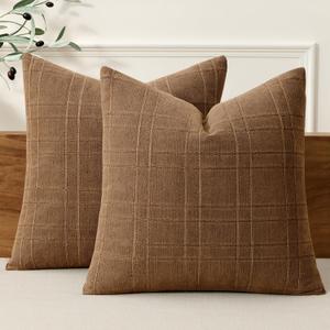 MIULEE Decorative Linen Check Throw Pillow Covers Neutral Farmhouse Vintage Pillow Covers 20x20 Set of 2 Boho Modern Winter Home Decor for Sofa Couch Bedroom Cushion Camel Brown