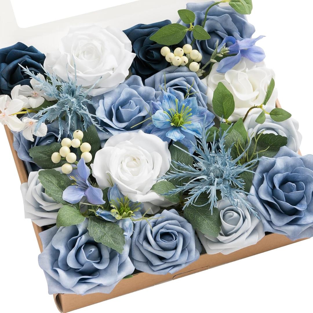 Ling's Moment Fake Flowers Box, Artificial Faux Greenery Stems Silk Leaves Foam Rose for Wedding Bouquets Centerpieces Table Decorations Backyard Floral Arrangement, Dusty Blue & Ivory, Grand Combo