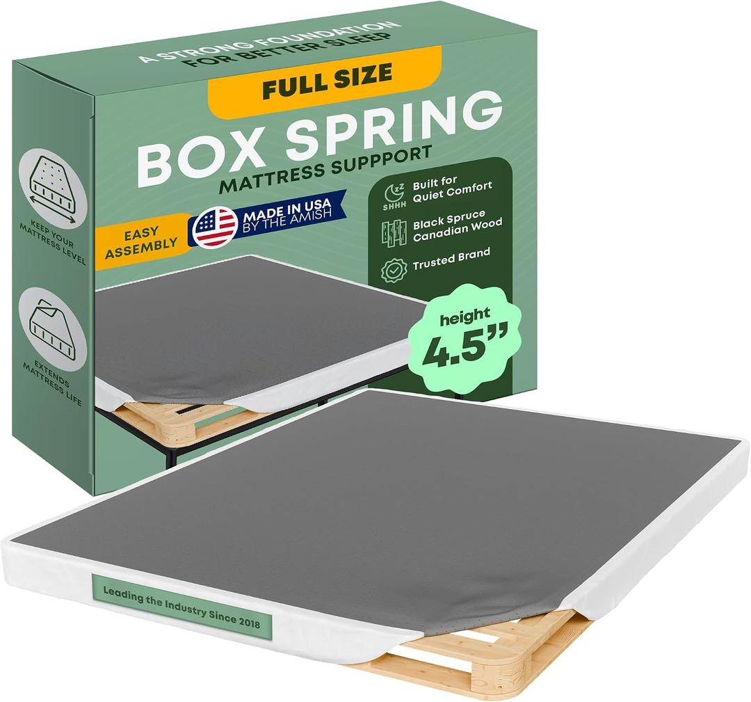 Greaton, Unassembled Full Bed Inch Wood Box Spring Only – Amish Made in USA – Quiet Noise-Free Replacement Mattress Packed Flat, Easy Assembly (White), 4.5" Foundation