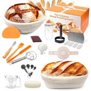 Sourdough Starter Kit for Beginners, Banneton Bread Proofing Basket Set, Sourdough Baking Kit for Bread Rising, Bread Making Supplies & Tools, Banneton Basket Gift Set (Round & Oval)