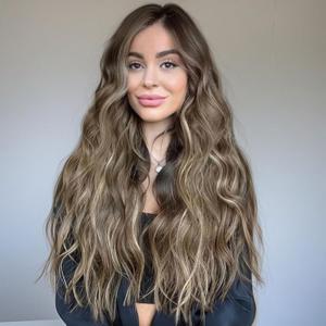 AISI QUEENS Long Wigs for Women Wavy Ombre Wig Middle Part Ash Brown and Bleach Blonde Curly Wigs Natural Looking Hair Replacement Wigs for Party Daily Use