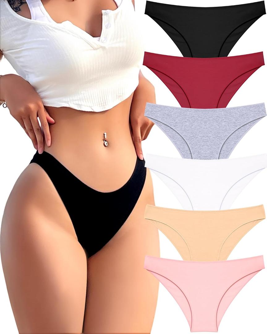 FINETOO 6 Pack Cotton Underwear for Women Cute Low Rise Bikini Panties High Cut Breathable Sexy Hipster Womens Cheeky (Large)