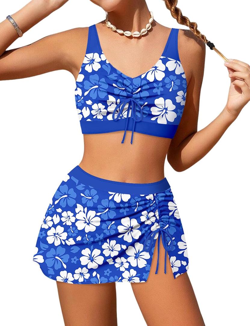 Girls Swimsuit Size 7-8 Girls Bikini Size 8 7 Girl's Bathing Suits with Drawstring Cover Up Swimsuits for Girl Tropical Floral Swim Suit for Girl