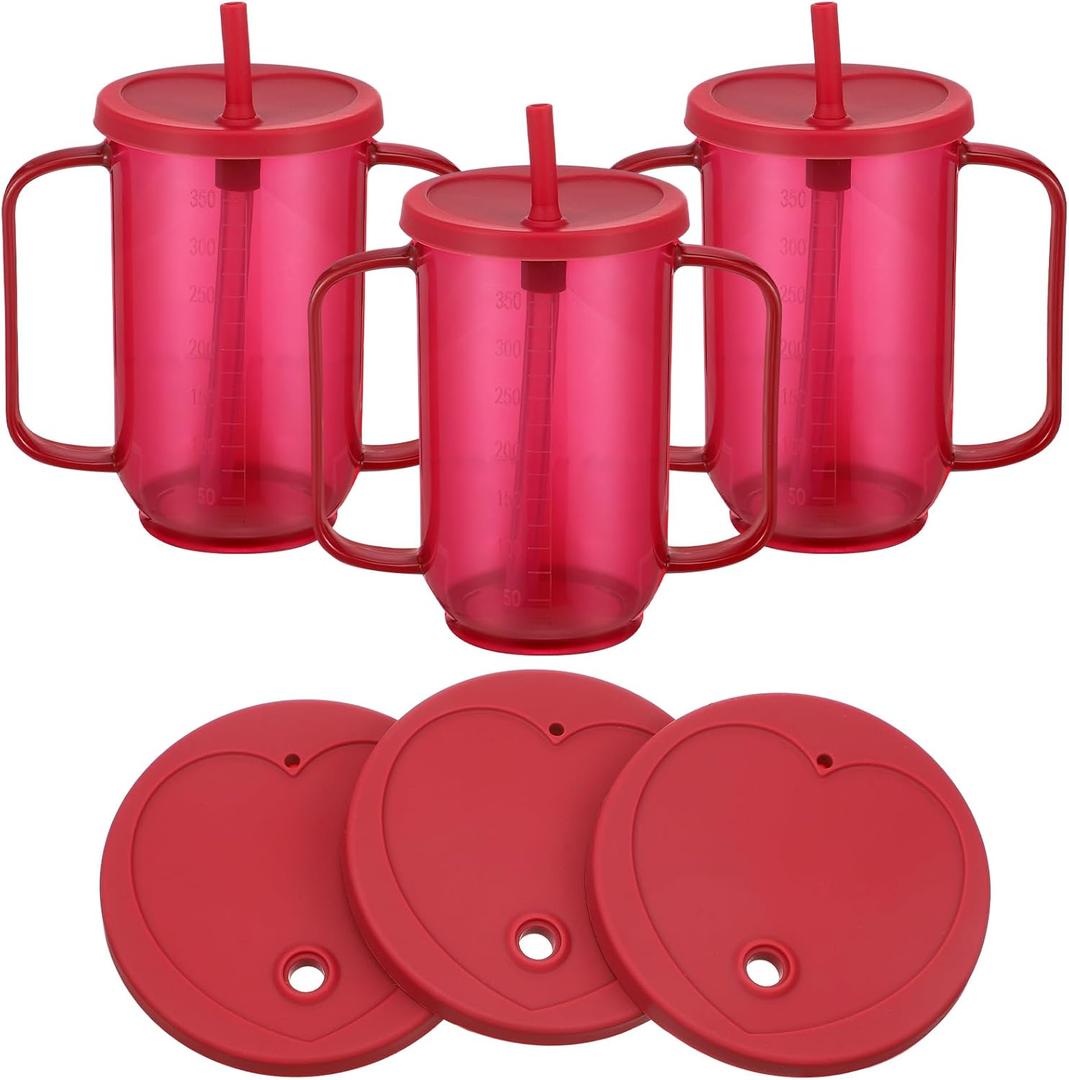 Sliner Adult Sippy Cups for Elderly, 12 oz Plastic Spill Proof Cups with 2 Handles Straw and Lid for Adults Hospital Disabled Dysphagia Patients (Red)