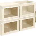 Storage Boxes with Lids - 4 Pack Fabric Clear Window Storage Bins, Large Decorative Storage Bins with Handles, Linen Closet Organizer for Clothes, Towel, Blanket, Beige