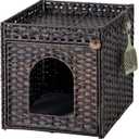 Cat Litter Box Enclosure Furniture, Hidden Litter Box with Mat and Fence, Handwoven Rattan Cat House with Two S-Shaped Hooks for Living Room, Bedroom, 18.5 x 20.5 x 19.1 Inches (Brown)