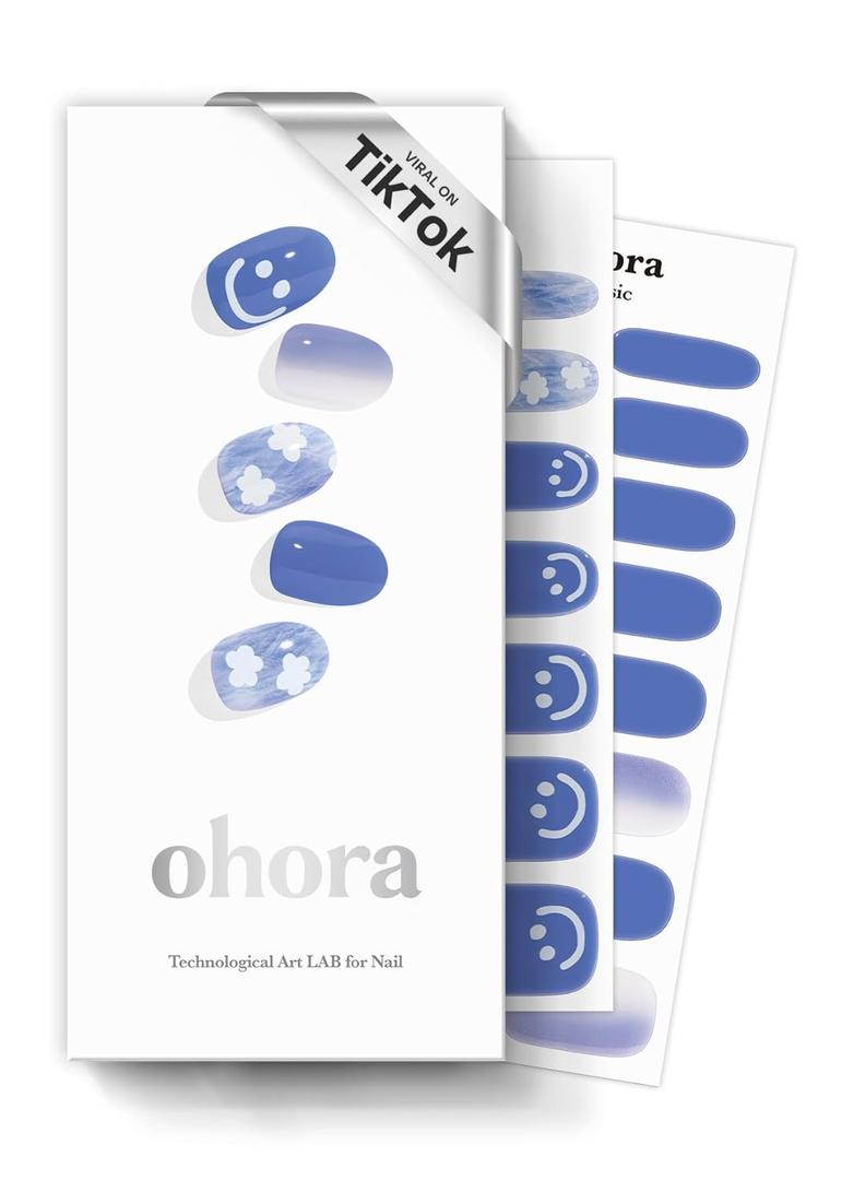 ohora Semi Cured Gel Nail Strips (N Cotton Cloud) - Blue, Patterned, Works with UV/LED Lamps, Salon-Quality, Long Lasting, Easy to Apply & Remove - Includes 2 Prep Pads, Nail File & Wooden Stick