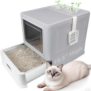Enclosed Stainless Steel Cat Litter Boxes, Large Foldable Litter Box with Lid, Hooded Covered Stainless Steel Cat Litter Box, Easy Cleaning, No Urine Leakage, Deeper Pan