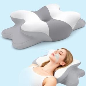 Sleep Apnea Pillow with Neck Pain & Snoring Relief -Orthopedic Cervical Pillow, Ergonomic Contour Memory Foam for Side, Back,Stomach Sleepers, Medium Firm (GreyWhite, Queen Size 25" Lx15 Wx5.8 H)