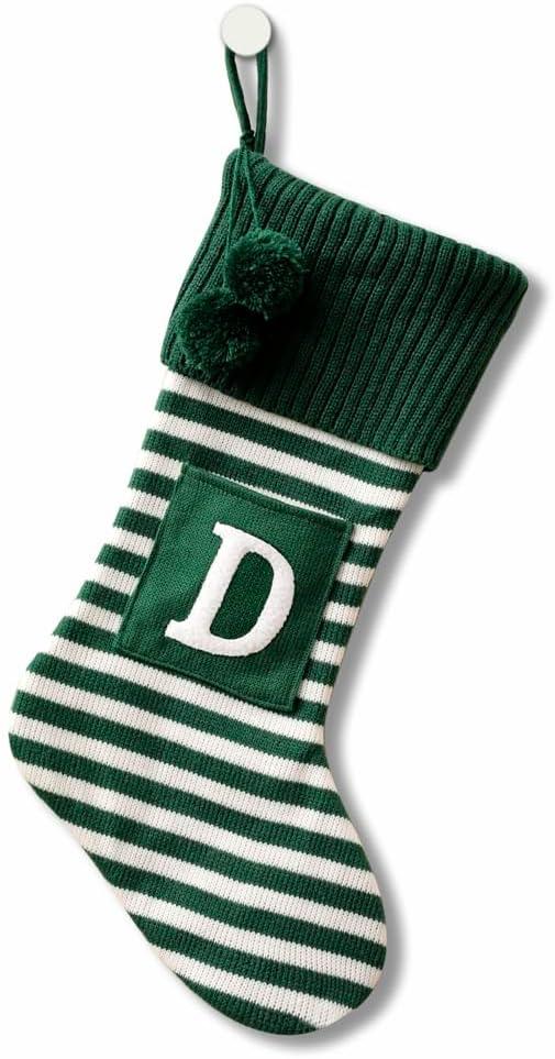 20 Inches Initial Monogram Embroidered Christmas Stocking Striped knitted Christmas Decorations Stocking Red, White, Green Letter Stockings for Family Holiday and Xmas Tree Fireplace Decor-50-D-Green