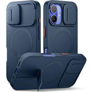 SURITCH for iPhone 16 Case with Magnetic Camera Slide Cover and Adjustable Kickstand, Compatible with MagSafe, Shockproof Bumper Case Slim Protective Cover 6.1 Inch, Blue