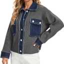 KEOMUD Women's Fall Button Down Knit Cardigan Sweater Casual Cropped Shacket Jacket with Denim Lapel Pockets Cuff (S)