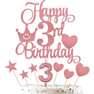 3rd Birthday Cake Decorations Set Include Digital Candle 3 Numeral 3# Cake Candles and Happy 3rd Birthday Cake Toppers with Heart Star Cupcake Picks for Birthday Party Supplies (Rose Gold Series)