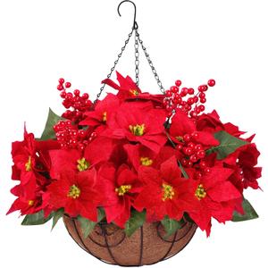 Artificial Christmas Poinsettia Flowers with Hanging Basket for Outdoor Decoration with Holly Berries Red Velvet Fake Plants Faux Silk Christmas Flowers for Home Porch Garden Patio Xmas Decor