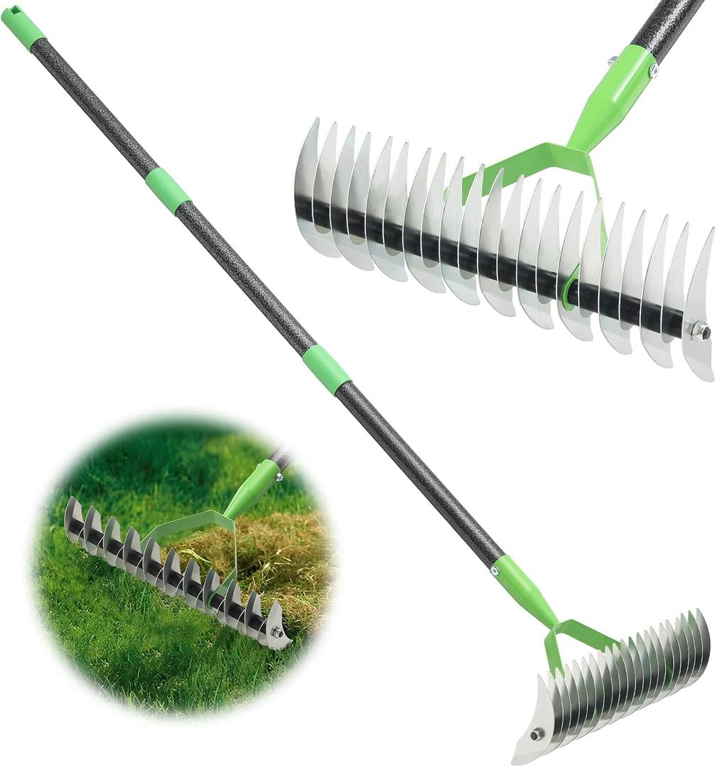 Thatch Rake, 69 Inch Lawn Thatching Rake for Cleaning Dead Grass, 13 Inch Wide Heavy Duty 21 Teeth Steel Metal Rakes, Landscaping Raking Garden Tools for Lawn Care Loosening Leveling Soil Mulch