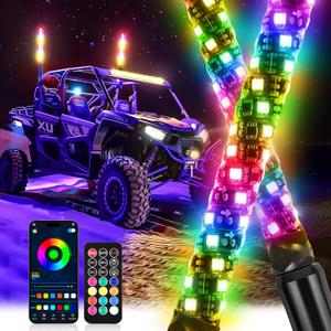 Whip Lights, 2Pcs 1FT RGB LED Whip Lights for Side by Side with Wireless Remote and APP Control, RGB Chasing Lighted Antenna Whips for UTV ATV Truck Polaris Dune Buggy RZR Can-Am