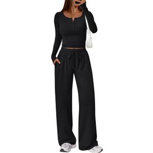 Trendy Queen Women's 2 Piece Matching Lounge Sets Long Sleeve Henley Neck Slightly Crop Top Wide Leg Pants Casual Sweat Suit (Black) S