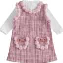 2PCS Toddler Baby Girl Mock Neck Long Sleeve Sweater + Zipper Sleeveless Tweed Straight Dress Sets (4-5 Years, White Pink)