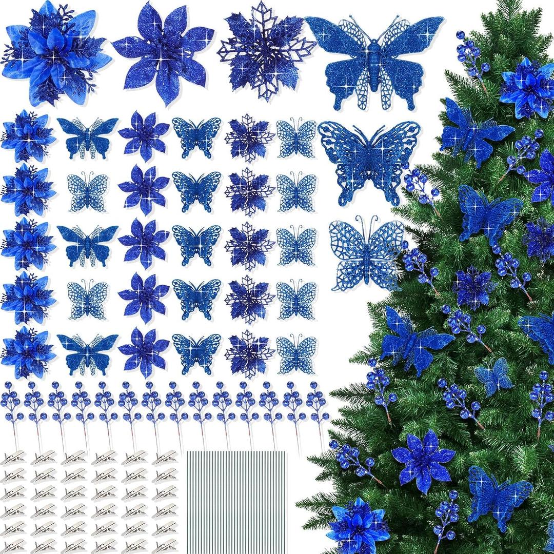 122 Pcs Christmas Glitter Poinsettia Artificial Flowers Berry Picks Butterfly Christmas Tree Ornaments 3 Styles Poinsettia kit with Clip for Xmas Wreath Home Tree Decor(Royal Blue)