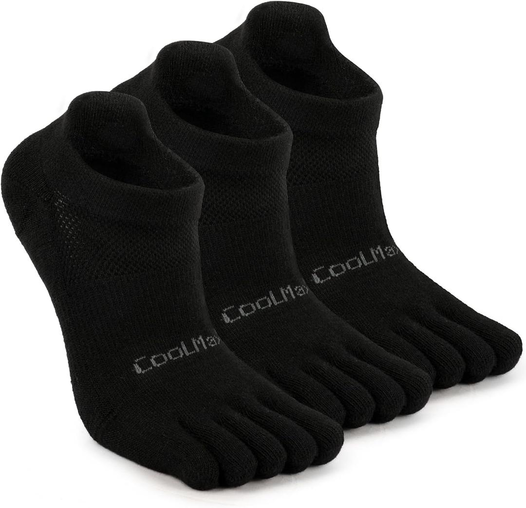 Coolmax Five Toe Running Socks for Men Women, Athletic Toe Socks with Arch Support for Running Walking Hiking (Black, L)