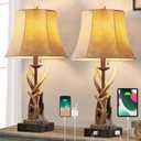 Antler Table Lamps Set of 2 with USB A+C Ports for Bedroom Farmhouse Deer Rustic Bedside Lamps with Faux Leather Bell Shade for Living Room End Table Hunting Themed Cabin Lamp Pull Chain