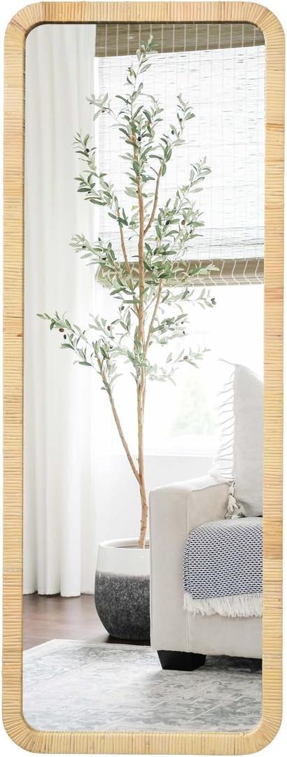 Rattan Mirror 18"x48" Rectangle Long Full Length Mirror Farmhouse Wicker Wooden Framed Full Body Floor Mirror Lean Against Wall for Bathroom Entryway Living Room Bedroom Fireplace Nature