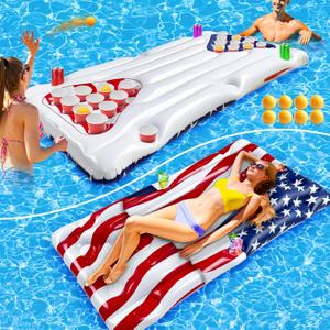 2 in 1 American Flag Pool Float & Pong Game Table with 8 Balls, 6x3 Ft Patriotic Inflatable Lounger for 4th of July Pool Parties, Summer Water Games and Adult Backyard BBQ Pool Party ((No Include Cup)