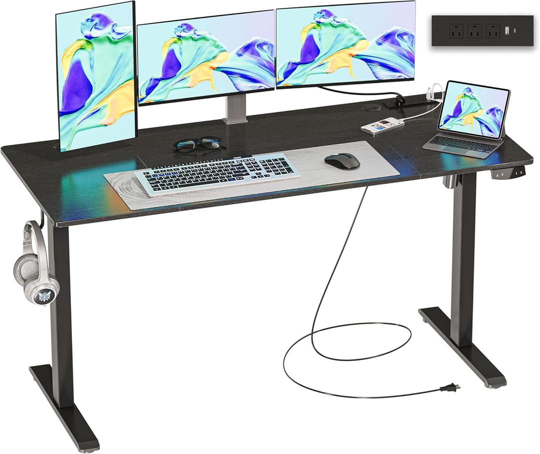 JOISCOPE 55 x 24 inch Adjustable Electric Standing Desk (3AC, USB, Type-C) with 2 Memory Heights, 25 mm/s Lift Speed, Gaming Study Drafting Sit Stand Desk for Home Office Bedroom, Black 