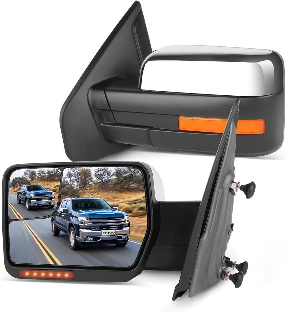 SCITOO Towing Mirrors for 2004-2014 for Ford for F-150 Blind Spot Mirror Power Heated Chrome Puddle Signal Double Glass (Driver Side and Passenger Side)